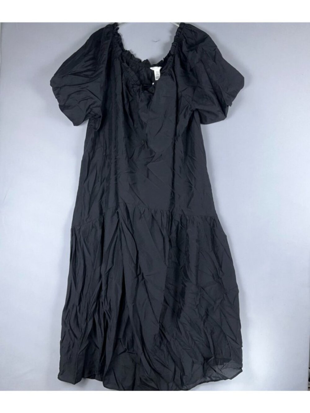 H&M Tiered Midi Dress Size  XL Black Puff Sleeve Ruffled Neck Off Shoulder - Picture 4 of 11